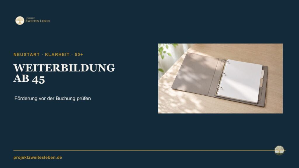 Weiterbildung ab 45: Wann bis zu 100 Prozent der Lehrgangskosten übernommen werden können Offener Kursordner mit neutralen Registerkarten als Symbol für Weiterbildung und berufliche Entwicklung ab 45.