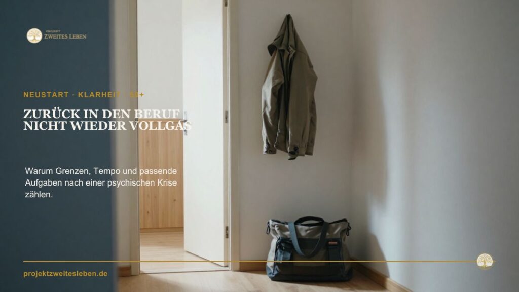 Nach psychischer Krise zurück in den Beruf: Warum die Rückkehr nicht mit „wieder Vollgas“ beginnen sollte Geöffnete Wohnungstür mit Jacke und Tasche als Symbol für die Rückkehr in den Alltag nach einer längeren Krise.