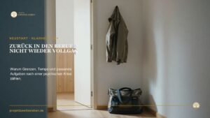 Geöffnete Wohnungstür mit Jacke und Tasche als Symbol für die Rückkehr in den Alltag nach einer längeren Krise.