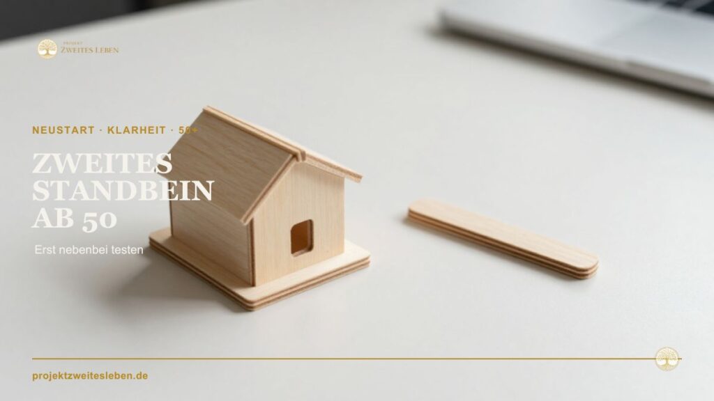 Zweites Standbein ab 50: Warum Nebenerwerb ein guter Test sein kann Kleines unfertiges Holzmodell auf einer hellen Arbeitsfläche als Symbol für den schrittweisen Aufbau eines zweiten Standbeins ab 50.