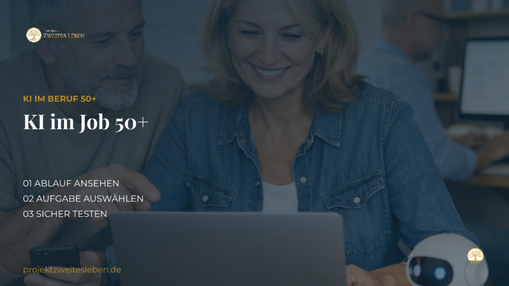 KI im Mittelstand: Was bedeutet das für deinen Arbeitsplatz mit 50? Moderne digitale Arbeitsumgebung mit neutralem Bildschirm und abstrakten digitalen Lichtimpulsen zum Thema KI im Beruf ab 50.