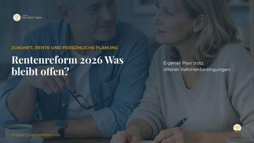 Rentenreform 2026: Was ist entschieden – und was bleibt für deinen eigenen Plan offen? Neutrale Zukunfts- und Planungsszene mit abstrakter Zeitstruktur und hellem Horizont ohne erkennbare Person